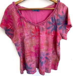 Fresh Produce Womens Floral Top Size 2X V Neck Short Sleeve Pink